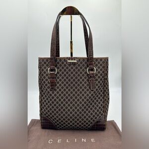 Celine Vintage Brown Monogram Canvas Tote with Croc Trim